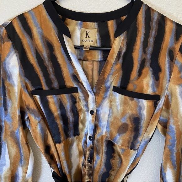 KASPER Size S Tunic Top Blouse Button Down Sash Belt Silky Feel Abstract Print - Picture 2 of 7